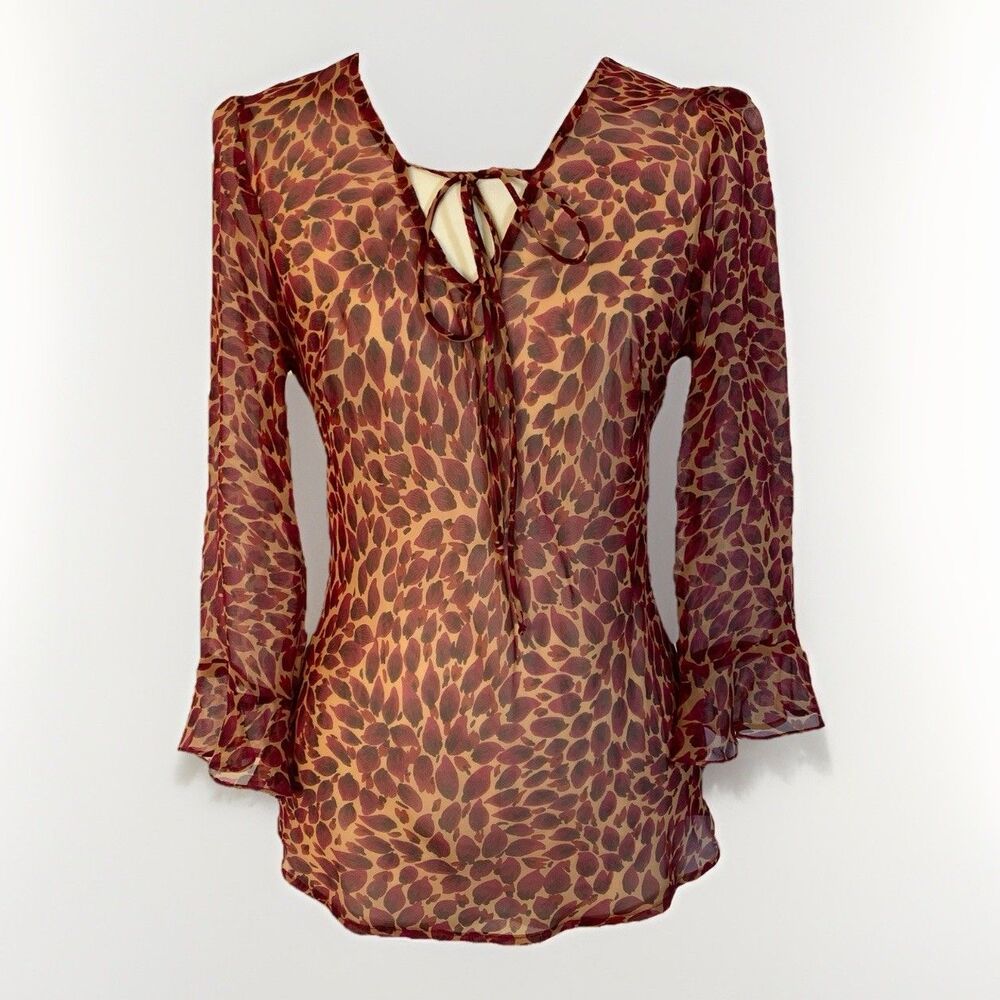 Alice & Trixie NY Sheer Silk Floral Petal Print Tie Neck Small Blouse Pink Gold